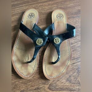 Tory Burch Black Leather Logo Thong Sandals with Tan Footbed